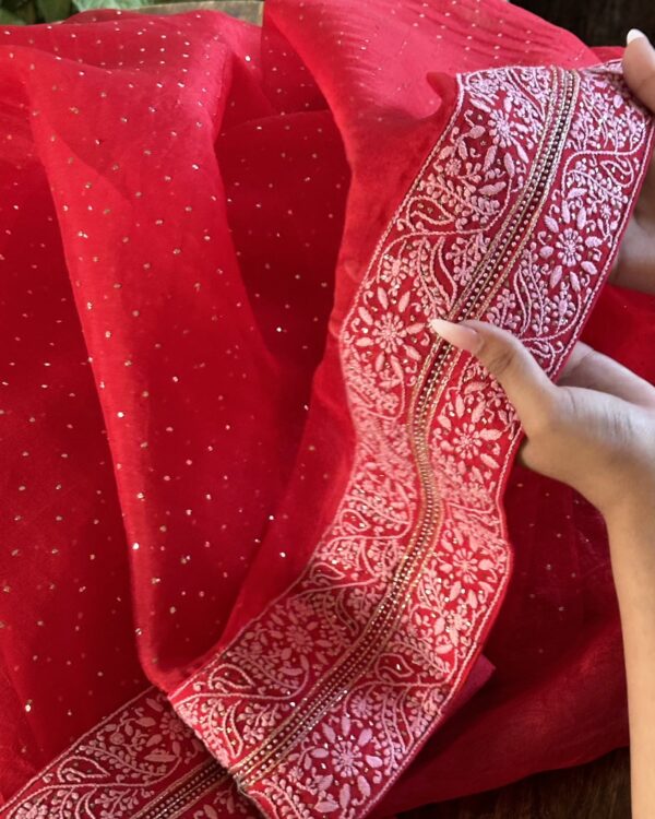 Noor Kamdani Crimson Red Border Chikankari Saree - Image 9