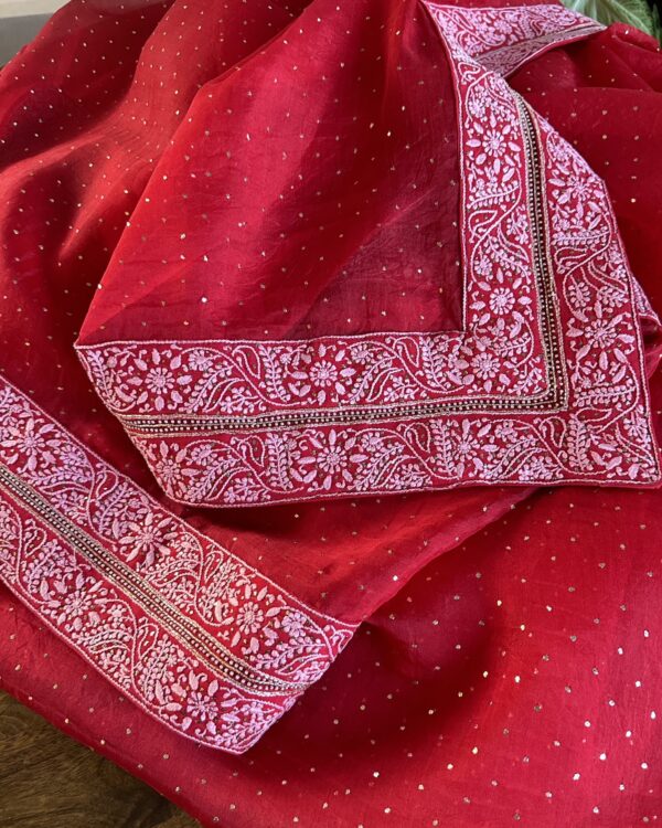 Noor Kamdani Crimson Red Border Chikankari Saree - Image 7