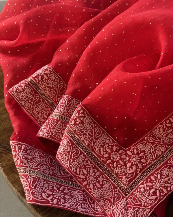 Noor Kamdani Crimson Red Border Chikankari Saree