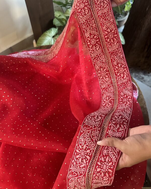 Noor Kamdani Crimson Red Border Chikankari Saree - Image 2