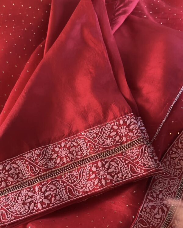 Noor Kamdani Crimson Red Border Chikankari Saree - Image 5