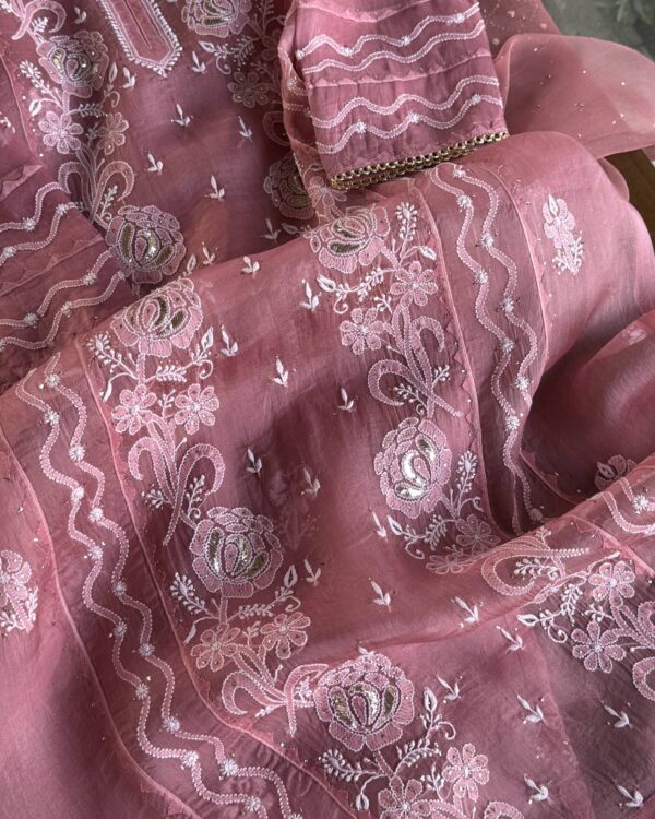 Organza Chikankari Applique Kurta Set  Cranberry shade - Image 4