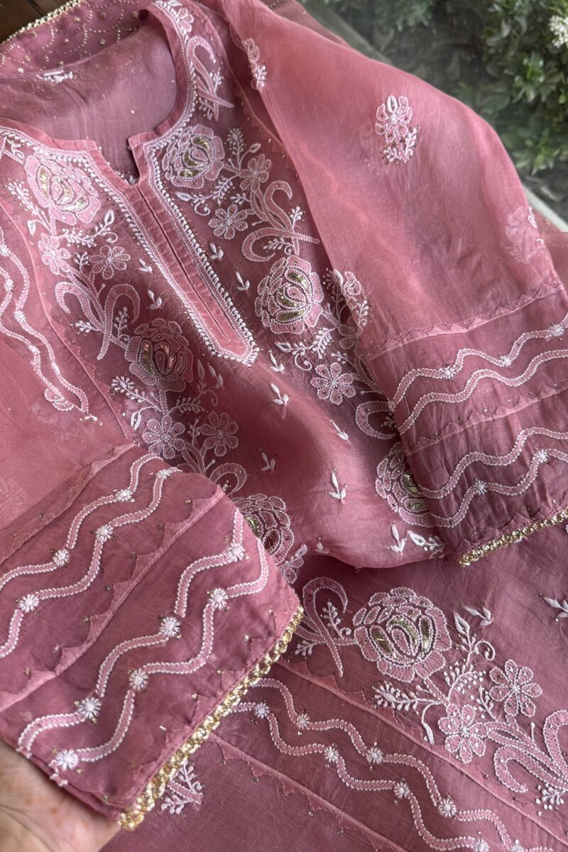 Organza Chikankari Applique Kurta Set  Cranberry shade