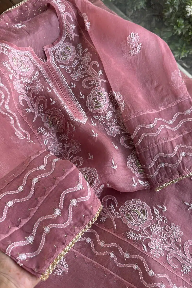 Organza Chikankari Applique Kurta Set  Cranberry shade