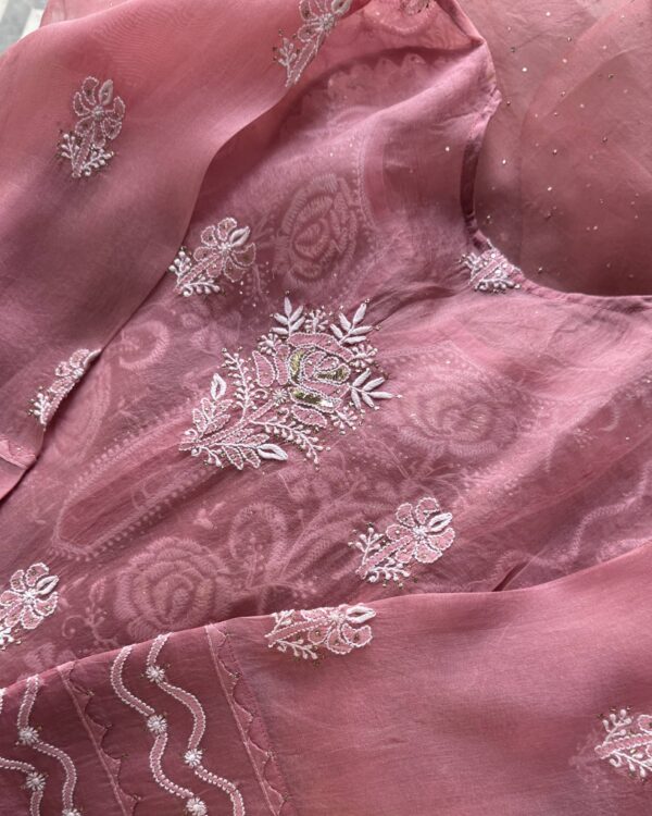 Organza Chikankari Applique Kurta Set  Cranberry shade - Image 3