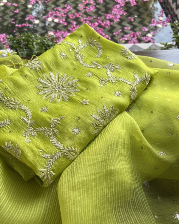 Mirror Work Tussar Kota Chikankari Kurta Set Fabric | Neon - Image 5