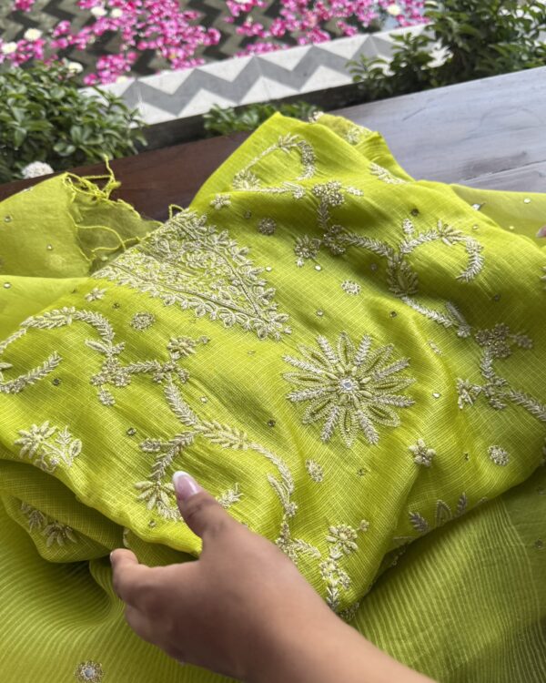 Mirror Work Tussar Kota Chikankari Kurta Set Fabric | Neon - Image 4