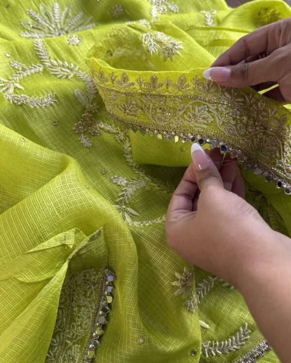 Mirror Work Tussar Kota Chikankari Kurta Set Fabric | Neon - Image 3