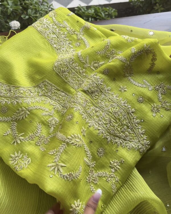 Mirror Work Tussar Kota Chikankari Kurta Set Fabric | Neon