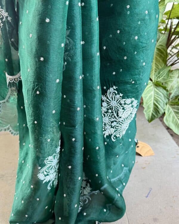 Bottle Green | Noor Organza Cutwork Saree - Image 4