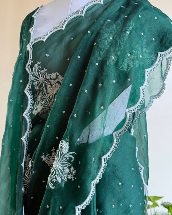 Bottle Green | Noor Organza Cutwork Saree - Image 5