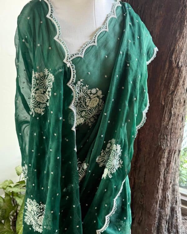 Bottle Green | Noor Organza Cutwork Saree - Image 8