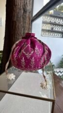 Pink Handcrafted Silk Chikankari Potli Bags With Ari Work and Mukaish Kamdani