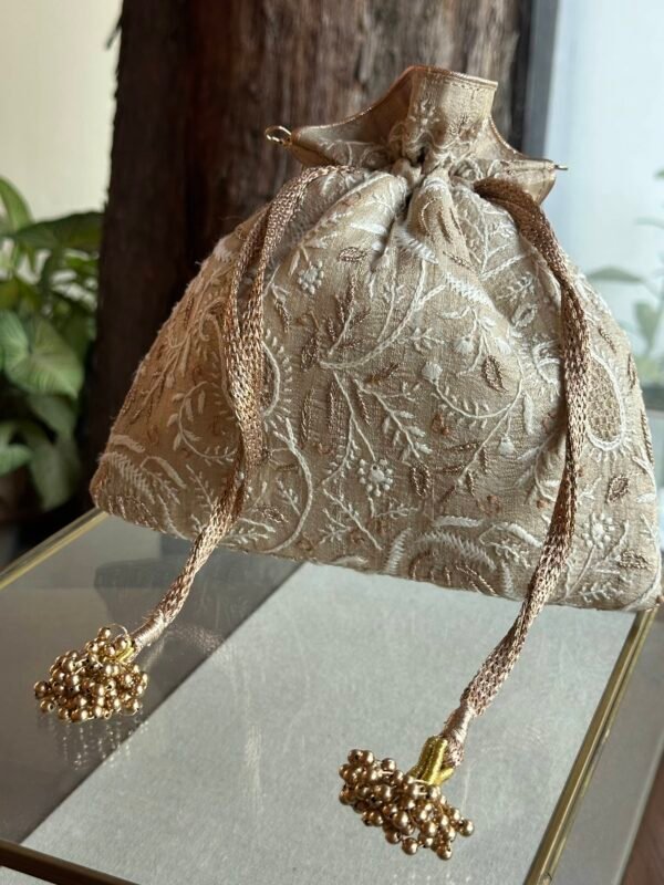 Natural Handcrafted Silk Chikankari Potli Bags With Ari Work - Image 2