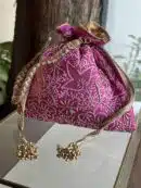 Pink Handcrafted Silk Chikankari Potli Bags With Ari Work