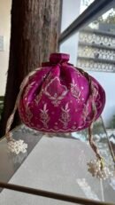Pink Handcrafted Silk Chikankari Potli Bags With Ari Work and Mukaish Kamdani