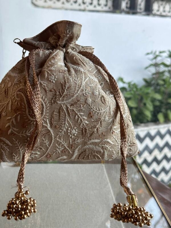 Natural Handcrafted Silk Chikankari Potli Bags With Ari Work - Image 3