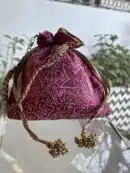 Pink Handcrafted Silk Chikankari Potli Bags With Ari Work
