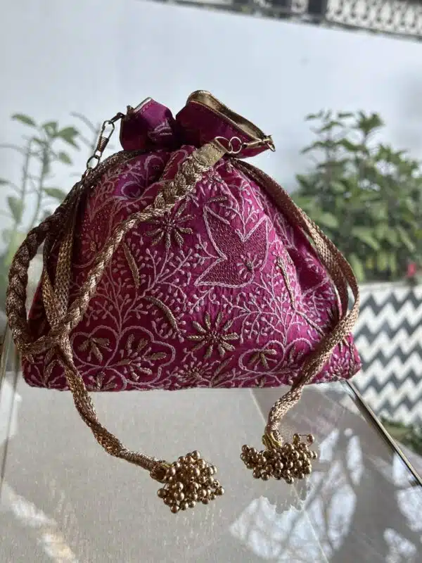 Pink Handcrafted Silk Chikankari Potli Bags With Ari Work - Image 3