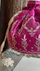 Pink Handcrafted Silk Chikankari Potli Bags With Ari Work and Mukaish Kamdani
