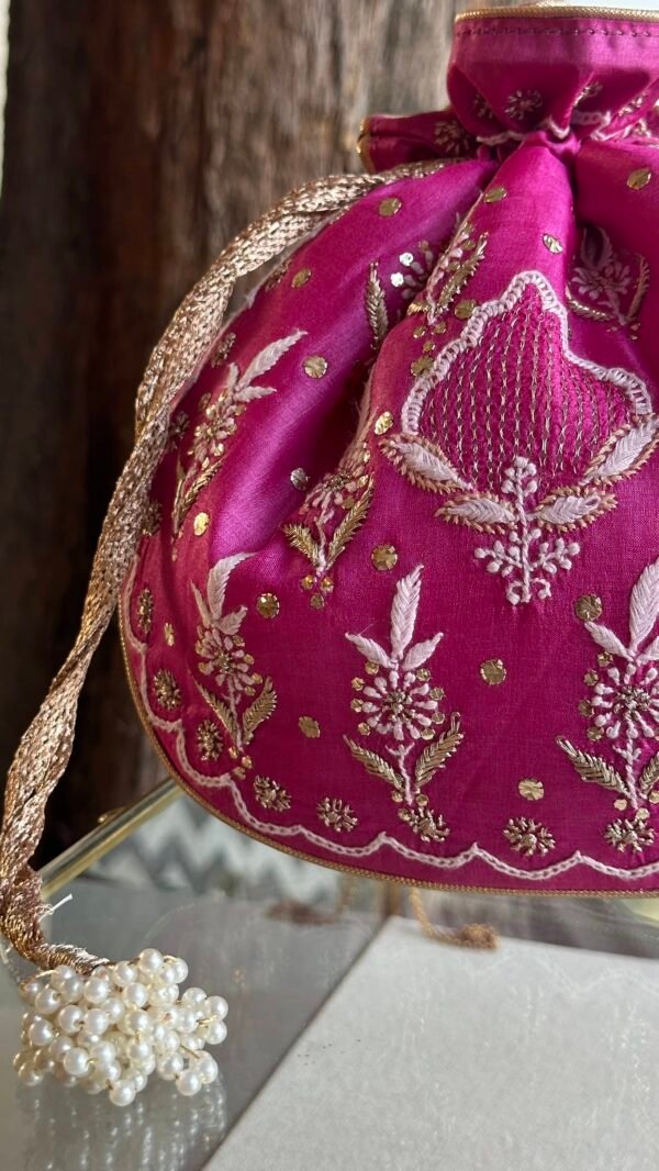 Pink Handcrafted Silk Chikankari Potli Bags With Ari Work and Mukaish Kamdani - Image 4