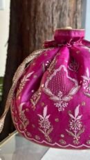 Pink Handcrafted Silk Chikankari Potli Bags With Ari Work and Mukaish Kamdani