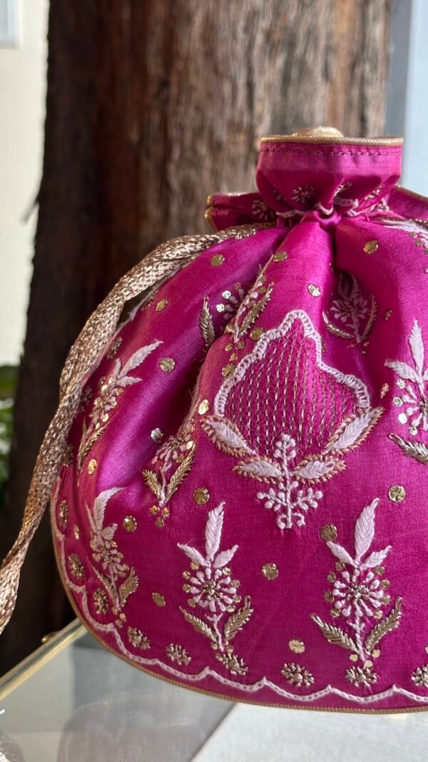 Pink Handcrafted Silk Chikankari Potli Bags With Ari Work and Mukaish Kamdani - Image 5