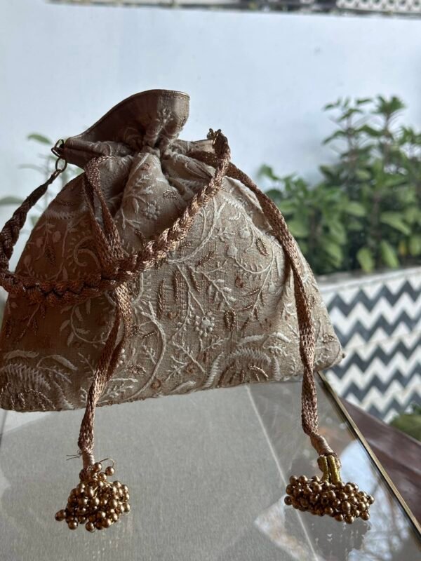 Natural Handcrafted Silk Chikankari Potli Bags With Ari Work - Image 5