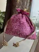 Pink Handcrafted Silk Chikankari Potli Bags With Ari Work