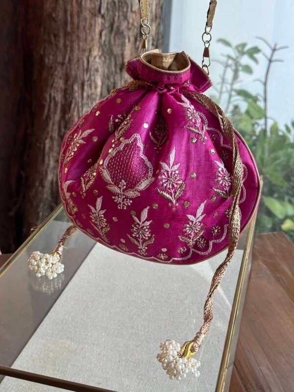 Pink Handcrafted Silk Chikankari Potli Bags With Ari Work and Mukaish Kamdani