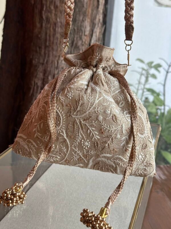 Natural Handcrafted Silk Chikankari Potli Bags With Ari Work