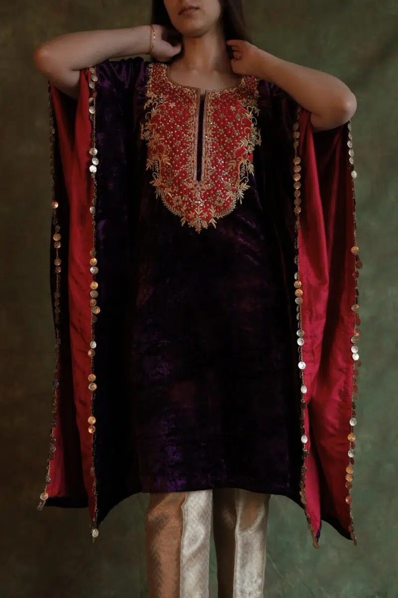 Deep Violet | Silk Velvet Zardosi Kaftan