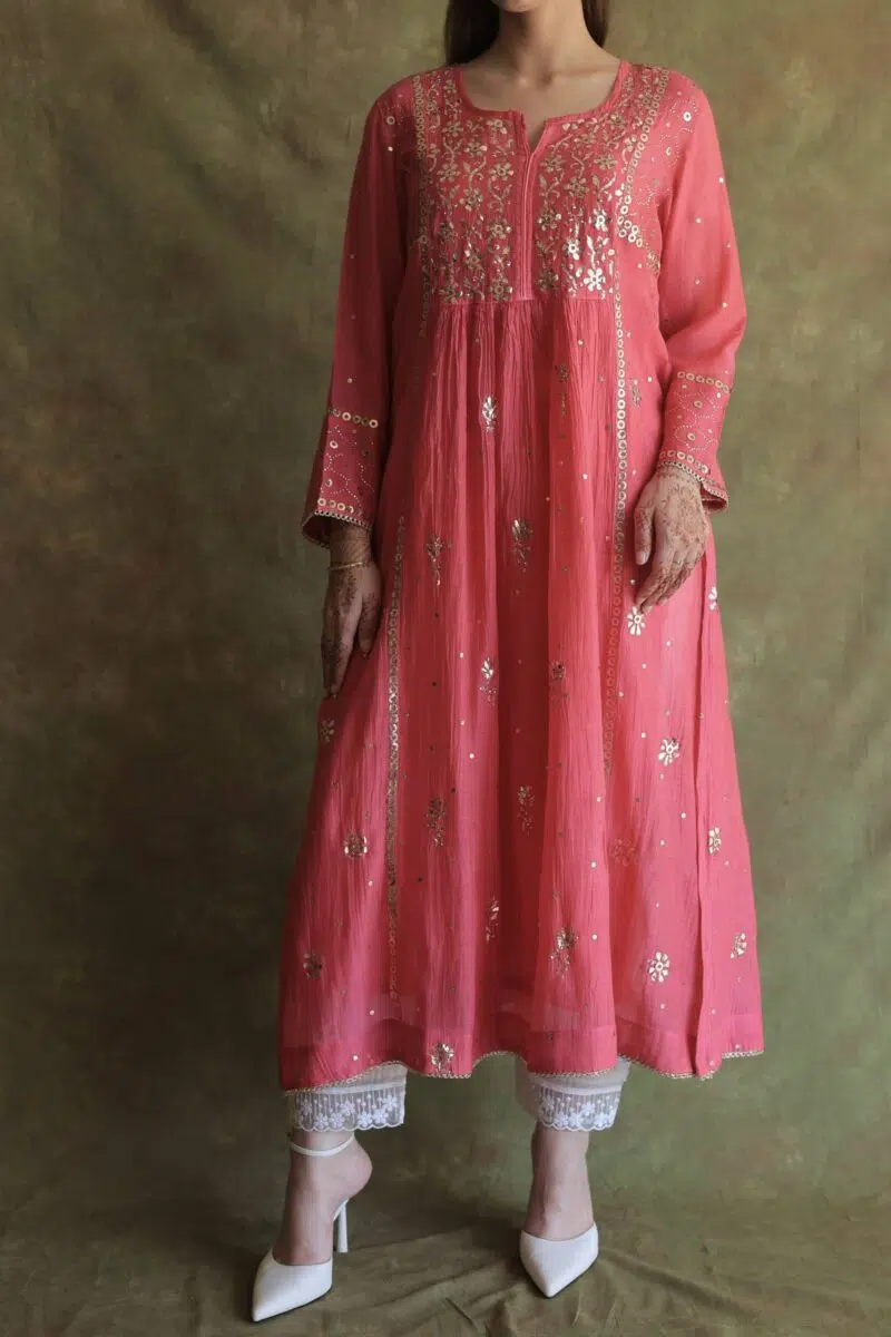 Hot Pink | Mal Chanderi Mukaish Silk Dress