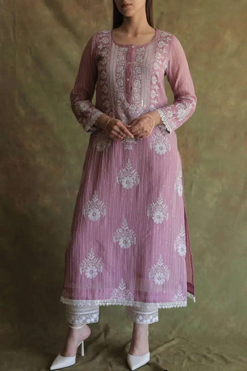 Soft Malmal Stripe Pattern Pearl Work Chikankari Kurta Set
