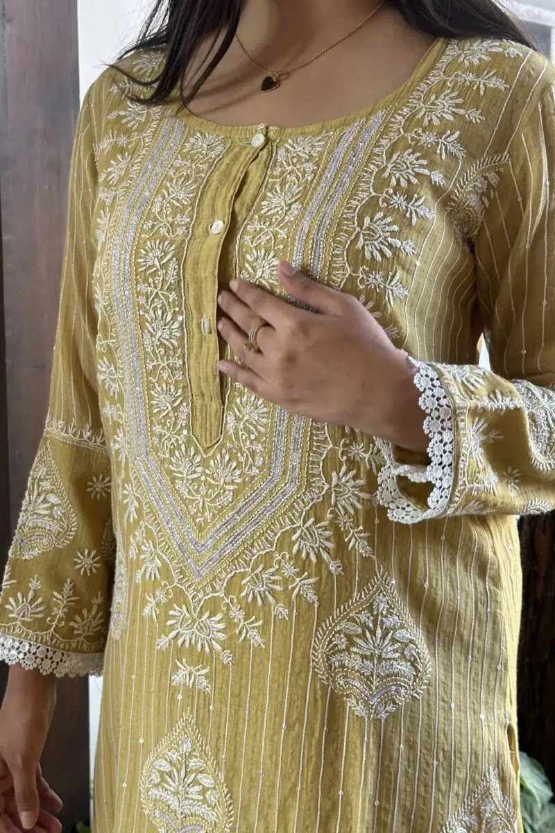 Soft Malmal Stripe Pattern Pearl Work Chikankari Kurta Set