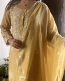 Soft Malmal Stripe Pattern Pearl Work Chikankari Kurta Set