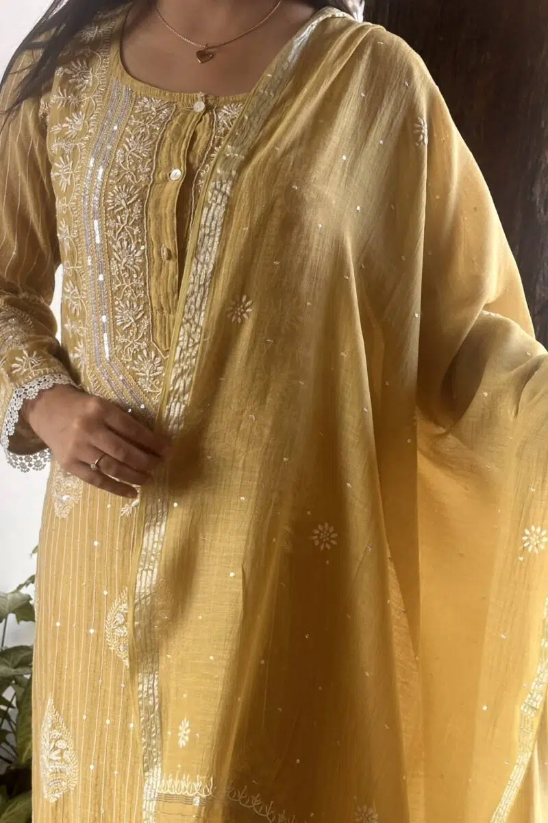 Soft Malmal Stripe Pattern Pearl Work Chikankari Kurta Set