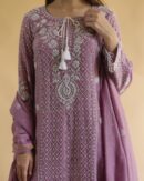 Opera Mauve Malmal Pearl Work Chikankari Anarkali With Dupatta