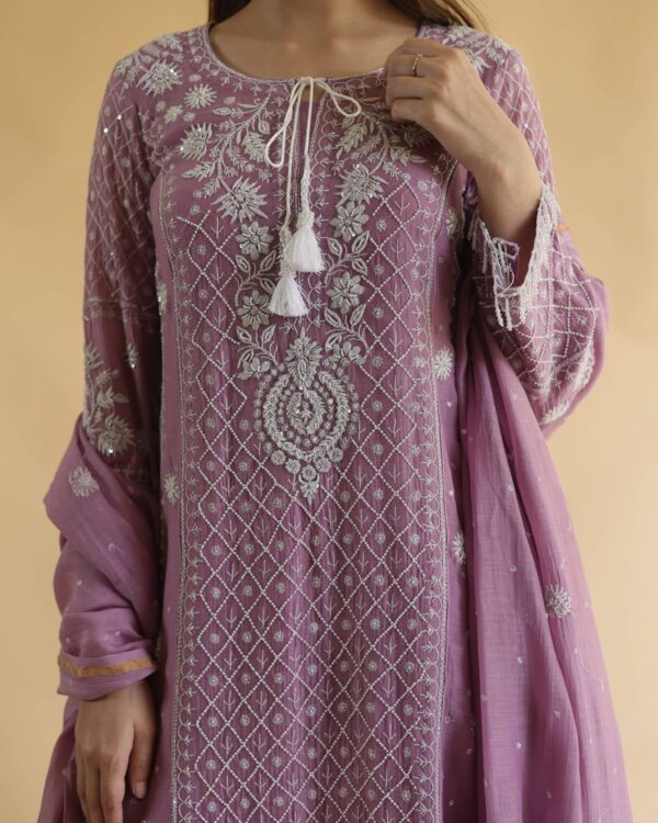 Opera Mauve Malmal Pearl Work Chikankari Anarkali With Dupatta