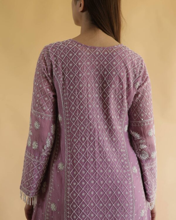 Opera Mauve Malmal Pearl Work Chikankari Anarkali With Dupatta - Image 3