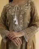 Mocha Brown Malmal Pearl Work Chikankari Anarkali With Dupatta