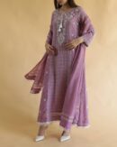Opera Mauve Malmal Pearl Work Chikankari Anarkali With Dupatta