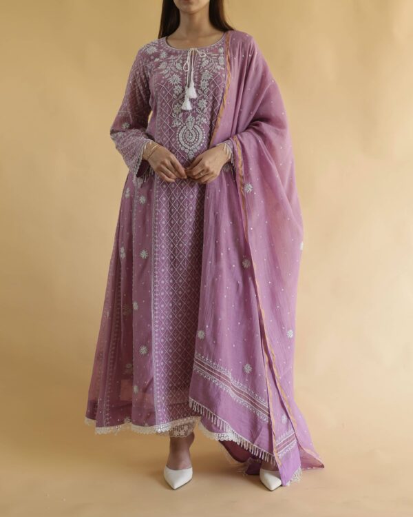 Opera Mauve Malmal Pearl Work Chikankari Anarkali With Dupatta - Image 8