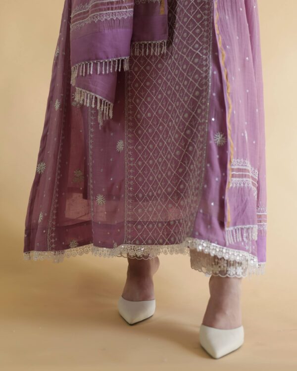 Opera Mauve Malmal Pearl Work Chikankari Anarkali With Dupatta - Image 9