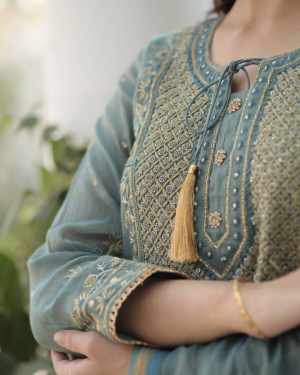 Teal Blue | Tissue Silk Bhopali Kurta Set - Image 7