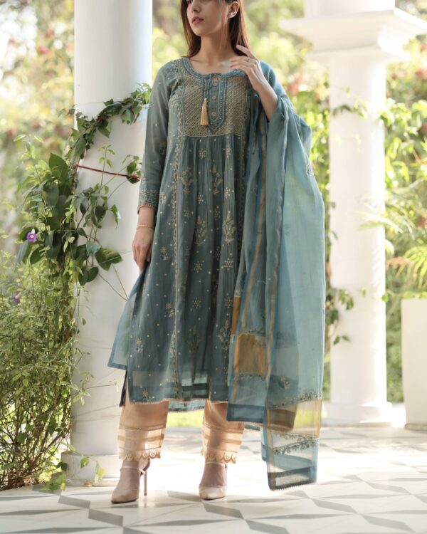 Teal Blue | Tissue Silk Bhopali Kurta Set - Image 3