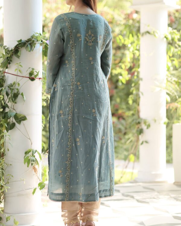 Teal Blue | Tissue Silk Bhopali Kurta Set - Image 9