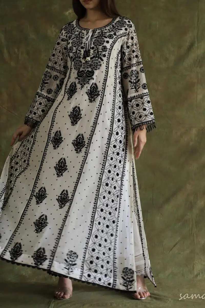 Monochrome Black & White | Malmal Pearl Work Chikankari Anarkali With Dupatta