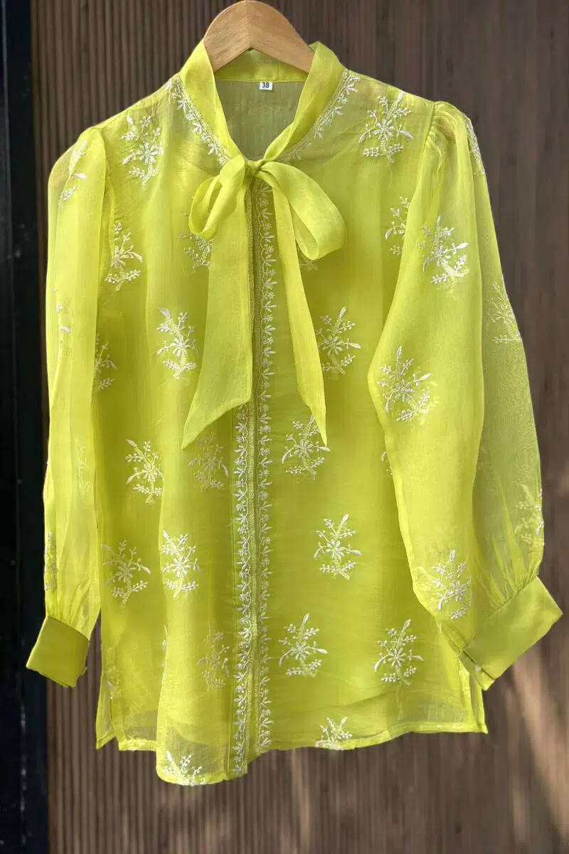 Noor Floral Organza Chikankari Bow-Tie Short Tops