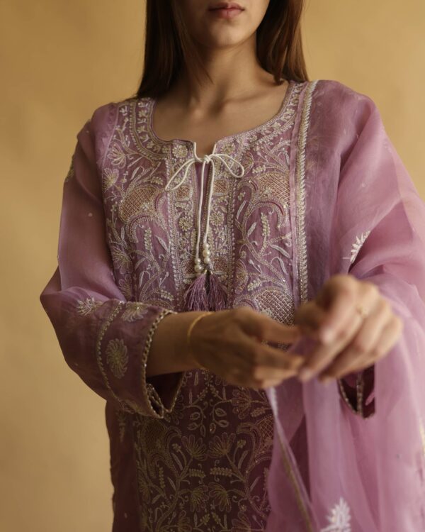 Noor Organza Silk Chikankari Straight Cut Kurta Dupatta Set - Image 2
